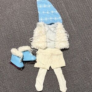 American Girl Winter Outfit with Blue and White Accessories